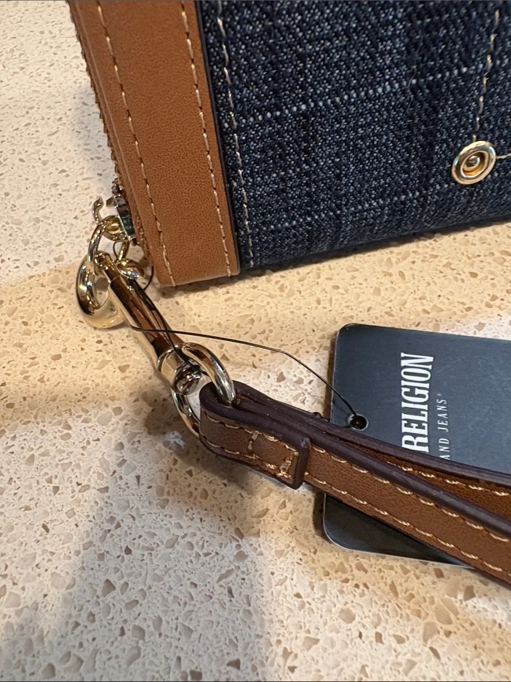 True Religion NWT Dark Denim & Tan Leather Large Wallet/Wristlet MSRP $48 - Picture 3 of 7